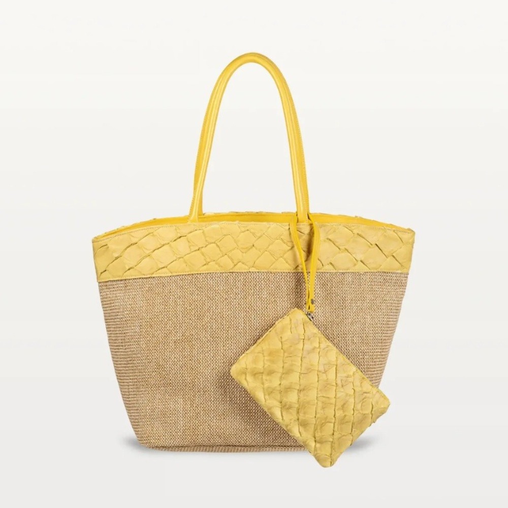 Piper & Skye Rio Beach Bag in Honey Yellow Pirarucu Leather Raffia Large Tote